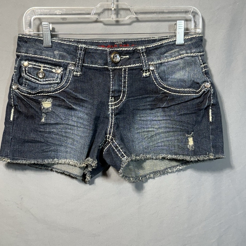 Bongo Jean‎ Shorts Sz 7 Blue Denim Cut Off Distressed Y2K Embellished Frayed Hem
